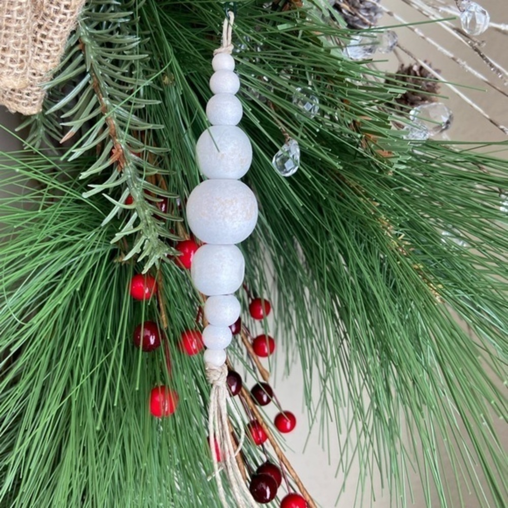Set of 6 Scandinavian white wood and twine tassel bauble bead Christmas Ornament